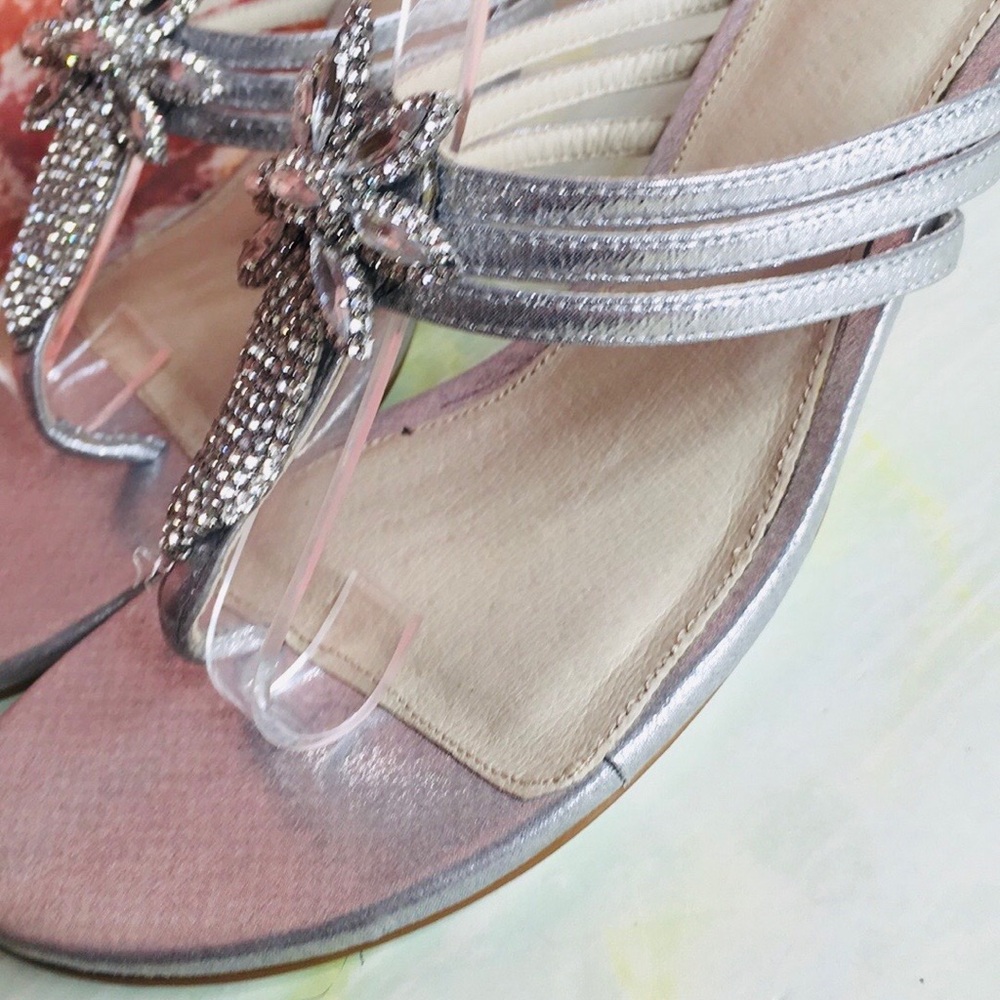 Adrianna Papell Silver Metallic Jeweled T-Strap Heels - Picture 7 of 9